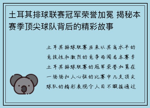 土耳其排球联赛冠军荣誉加冕 揭秘本赛季顶尖球队背后的精彩故事
