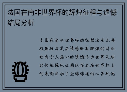 法国在南非世界杯的辉煌征程与遗憾结局分析